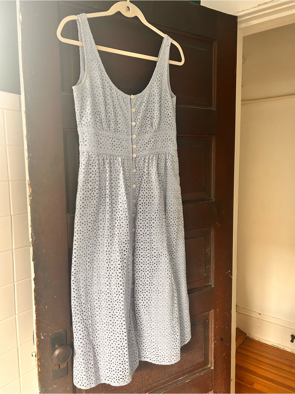 J. Crew Periwinkle Eyelet Midi Dress with Button Front